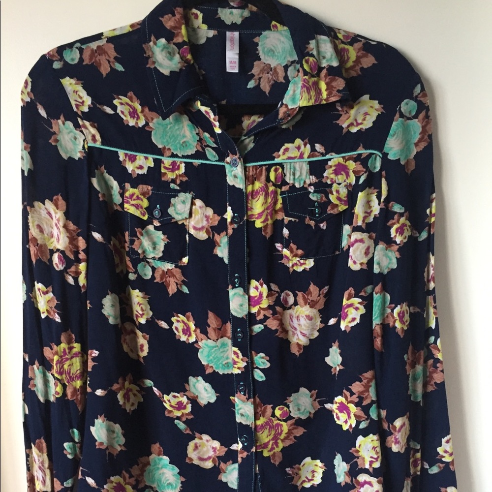 Navy Long Sleeve Floral Blouse